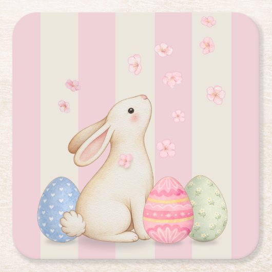 Spring Easter Bunny & Eggs Stripe  Vierkante Kartonnen Onderzetter (Voorkant)