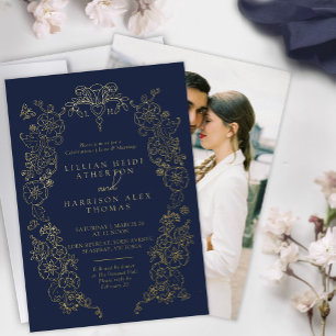 Spring Fleur de lis bruiloft donkerblauw goud Folie Uitnodiging