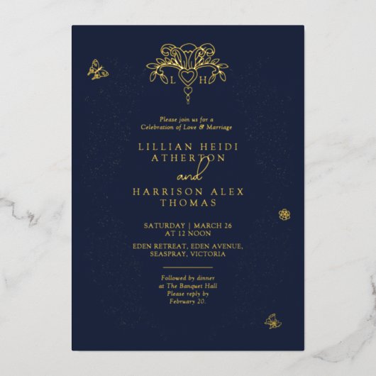 Spring Fleur de lis bruiloft donkerblauw goud Folie Uitnodiging (Voorkant)
