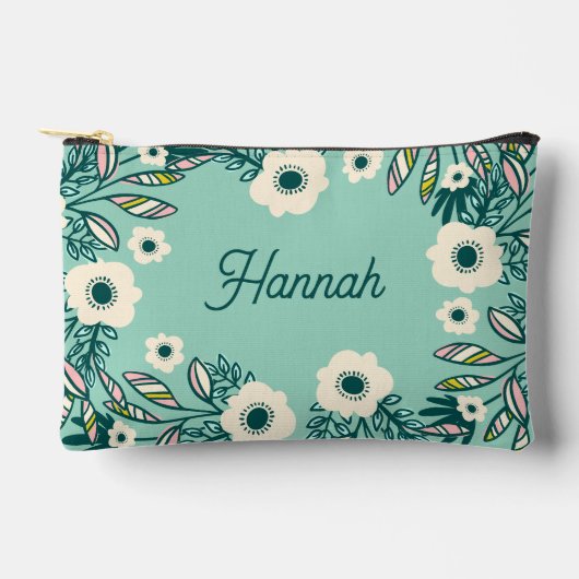 Spring Floral Accessory Pouch – White & Teal Etui (Voorkant)