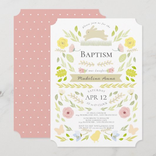 Spring Floral Bunny Roze Meisje Doop Kaart (Voorkant / Achterkant)
