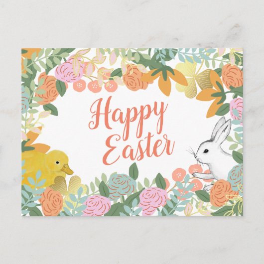 Spring Floral Clover Duck Happy Easter Bunny Feestdagenkaart (Voorkant)