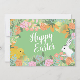 Spring Floral Clover Duck Happy Easter Bunny Feestdagenkaart