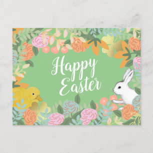 Spring Floral Clover Duck Happy Easter Bunny Feestdagenkaart
