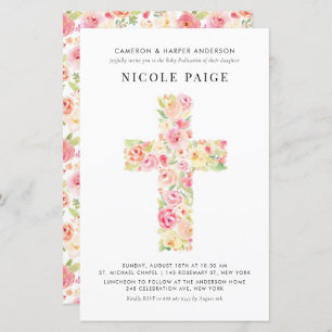 Spring Floral Cross Baby Inwijding Uitnodiging