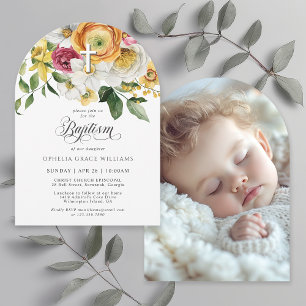 Spring Floral Cross Christelijke doop met foto Kaart