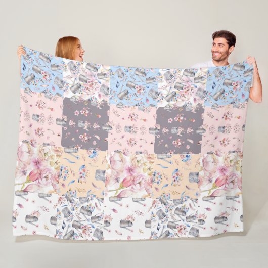 Spring Floral Garden Patchwork Fleece Blanket (In situ)