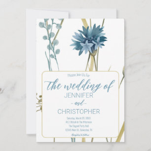 Spring Floral Light Blue Gold White Wedding Kaart