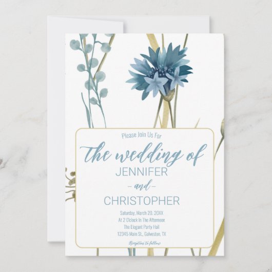 Spring Floral Light Blue Gold White Wedding Kaart (Voorkant)