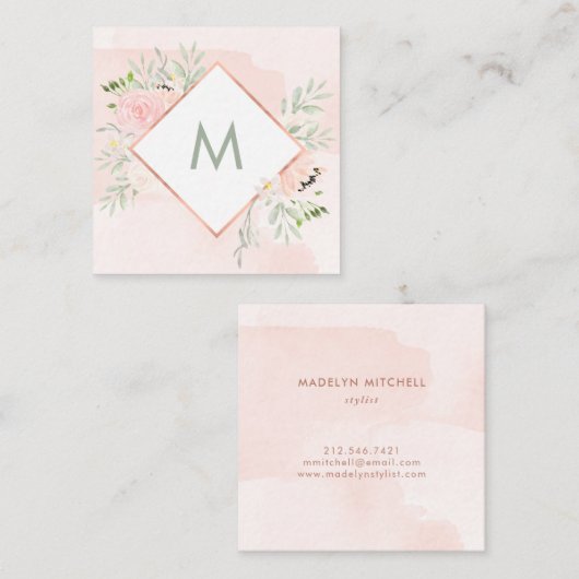 Spring Floral met Monogram | Waterverf was Vierkante Visitekaartje (Voorkant / Achterkant)