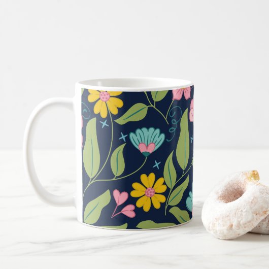 Spring Floral Pattern op Donkerblauw Koffiemok (Met donut)