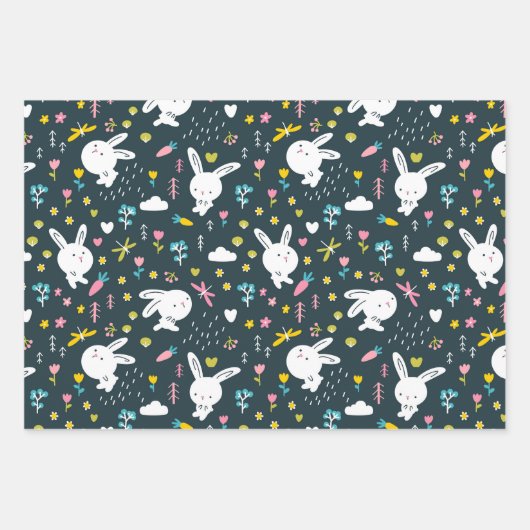 Spring Floral Rabbits Wrapping Paper Set van 3 (Voorkant)