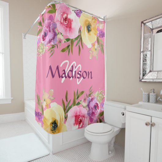 Spring Floral Trendy Girly Monogram Shower Curtain Douchegordijn (In situ)