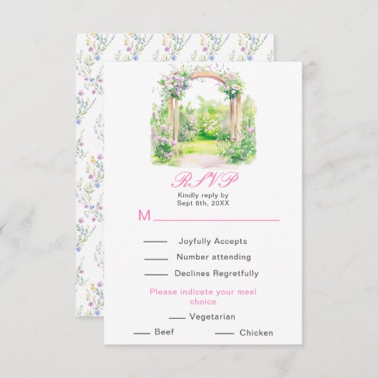 Spring Floral Wedding Arch Receptie RSVP Kaartje (Voorkant / Achterkant)