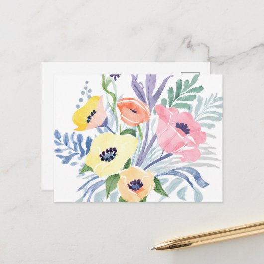 Spring Flower Bouquet |  bloemen Waterverf Briefkaart (Voorkant / Achterkant in situ)