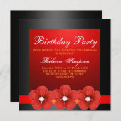 Spring Flower Design Zwart/rood Verjaardag Uitnodi Kaart (Voorkant / Achterkant)