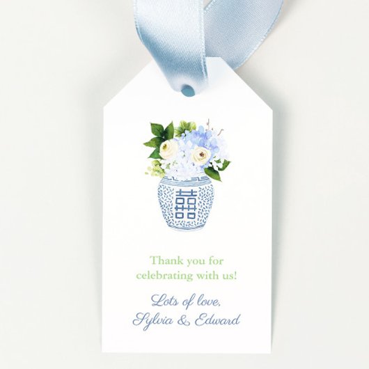 Spring Flowers Blauw Wit Grieks Sleutel Baby showe Cadeaulabel