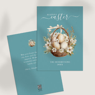 Spring Flowers Eggs Blauwgroen Happy Easter Greeti Feestdagenkaart