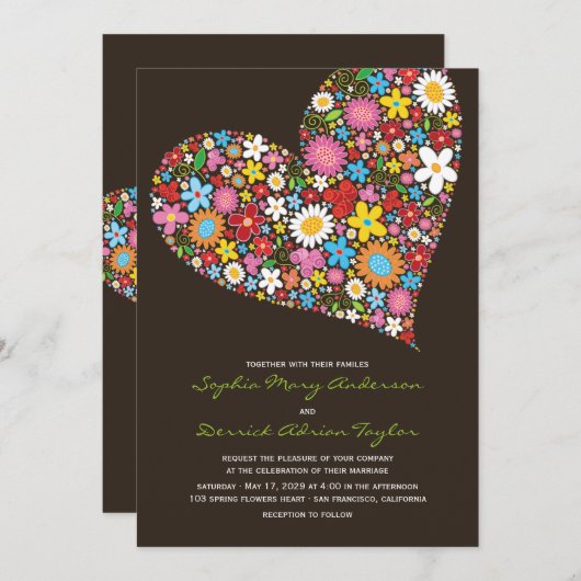 Spring Flowers Heart Whimsical Wedding Invite Kaart (Voorkant / Achterkant)