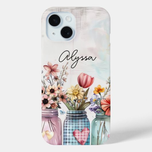 Spring Flowers in Mason Jar Design met naam Case-Mate iPhone Case (Achterkant)