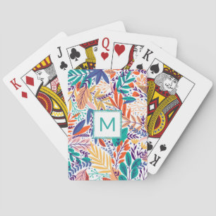  Spring Flowers Line Art Aqua Blauwgroen Monogram Pokerkaarten