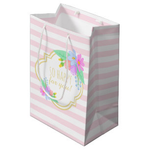 Spring Flowers Pink Strips Baby shower Gift Bag Medium Cadeauzakje