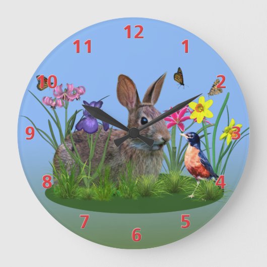 Spring Flowers, Robin en Bunny Rabbit Grote Klok (Voorkant)
