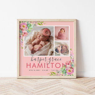 Spring Garden Baby Girl Birth Stats Foto Collage Poster