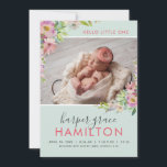 Spring Garden Baby Girl Photo Faire-part de naissa<br><div class="desc">Des cartes photos de petite fille imprimés sur mesure et abordables. Ce design de poutres douces a une bordure florale pastel avec des fleurs roses et violettes et de la verdure sur un arrière - plan à la menthe. Personnalisez le design avec le nom du bébé, les statistiques d'anniversaire et...</div>