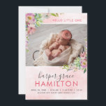 Spring Garden Baby Girl Photo Faire-part de naissa<br><div class="desc">Des cartes photos de petite fille imprimés sur mesure et abordables. Ce design de poutres douces a une bordure florale pastel avec des fleurs roses et violettes et de la verdure sur un arrière - plan d'aquarelle rose vif. Personnalisez le design avec le nom du bébé, les statistiques d'anniversaire et...</div>