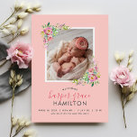 Spring Garden Baby Girl Photo Faire-part de naissa<br><div class="desc">Des cartes photos de petite fille imprimés sur mesure et abordables. Ce design de poutres douces a une bordure florale pastel avec des fleurs roses et violettes et de la verdure sur un arrière - plan rose. Personnalisez le design avec le nom du bébé, les statistiques d'anniversaire et de naissance...</div>