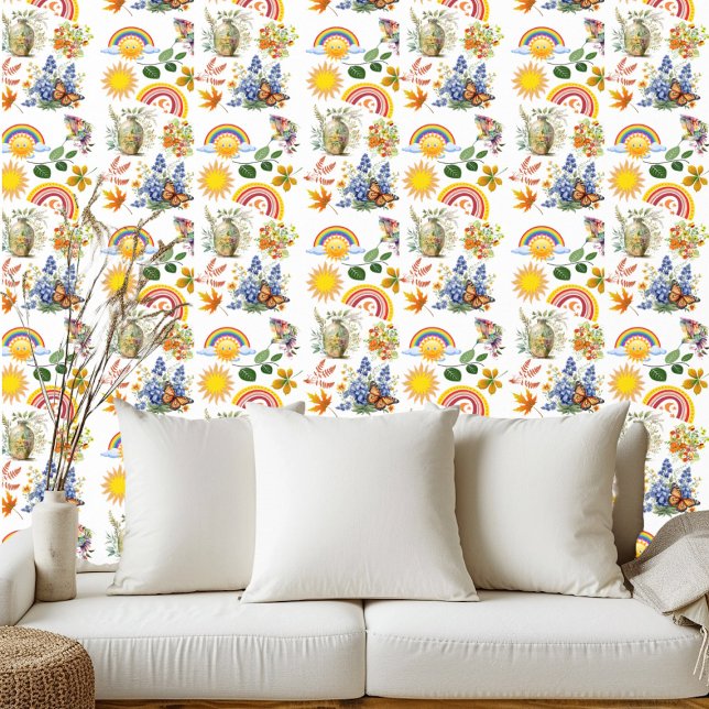 Spring Garden Butterfly Rainbow Sunshine groen Behang (Spring Garden Butterfly Rainbow Sunshine Greenery Wallpaper)