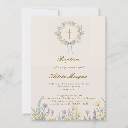 Spring Garden Floral Cross Baptism Invitation Kaart (Voorkant)