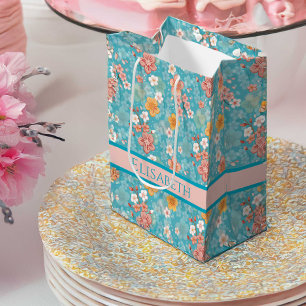Spring Garden Turquoise Kersenbloesems en Stripe Medium Cadeauzakje
