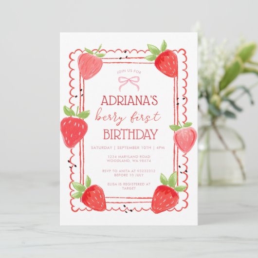 Spring Girl Berry First Birthday Invitation (Debout devant)