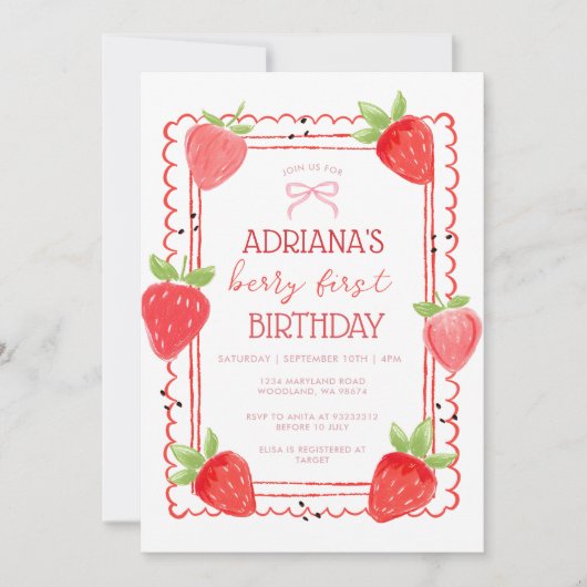 Spring Girl Berry First Birthday Invitation Kaart (Voorkant)