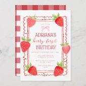 Spring Girl Berry First Birthday Invitation Kaart (Voorkant / Achterkant)