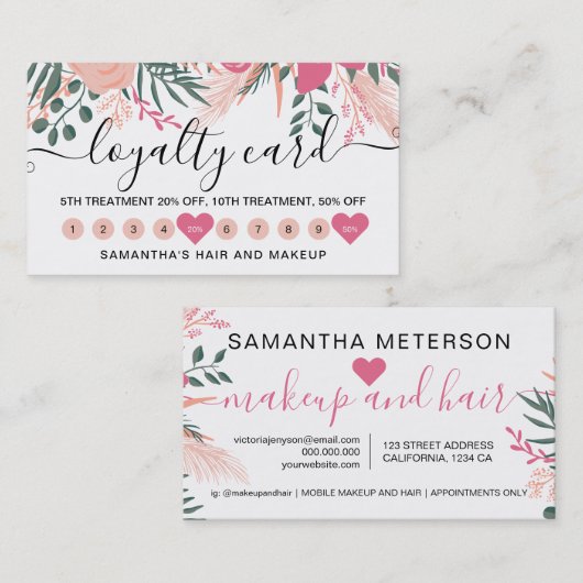 Spring girly roze floral 10 punches script font klantenkaartje (Voorkant / Achterkant)