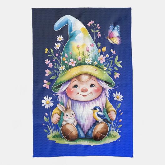 Spring Gnome with Bunny and Bluebird Theedoek (Verticaal)