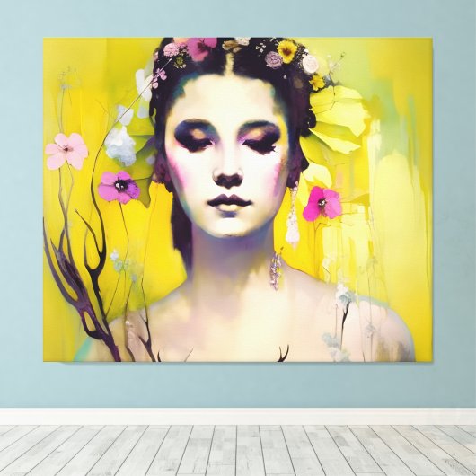 Spring Goddess Yellow Background Canvas Afdruk (Insitu (Houten vloer))