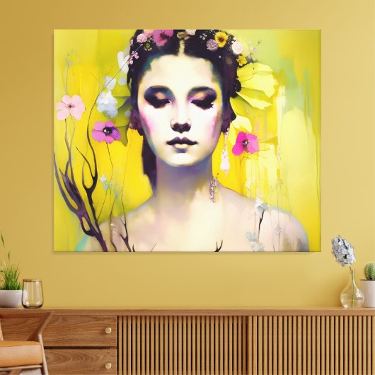 Spring Goddess Yellow Background Canvas Afdruk (Insitu (Woonkamer))