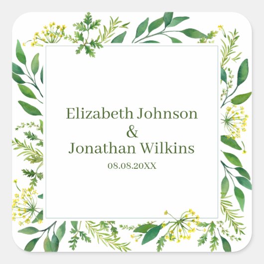 Spring Green Botanical Herbs Wedding Vierkante Sticker (Voorkant)
