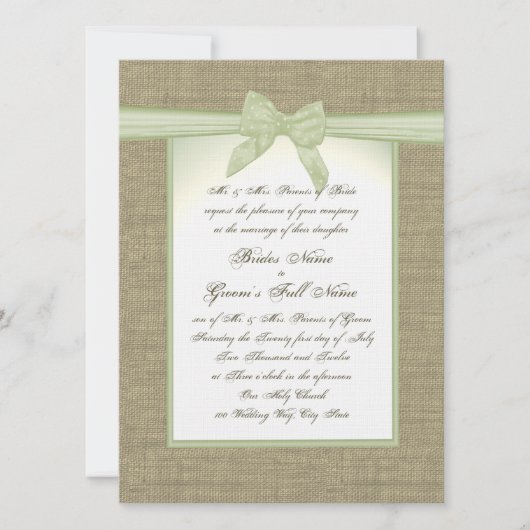 Spring Green Burlap en Bow Country Wedding Kaart (Voorkant)