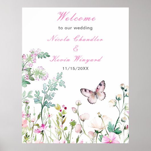 Spring Green Butterfly Floral Wedding Poster (Voorkant)
