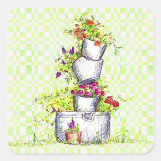 Spring Green Check Bloem Tuin Emmer Vierkante Sticker (Voorkant)