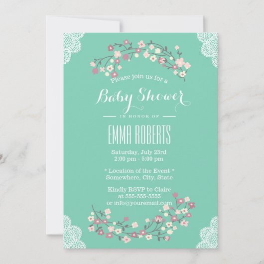 Spring Green Floral & Lace Baby Shower Invitations (Devant)