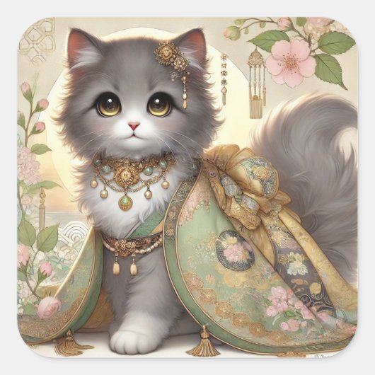 Spring Green Kimono Princess Cat Vierkante Sticker (Voorkant)