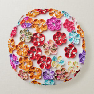 Spring Handmade sewn fabric Flowers Multicolor Rond Kussen