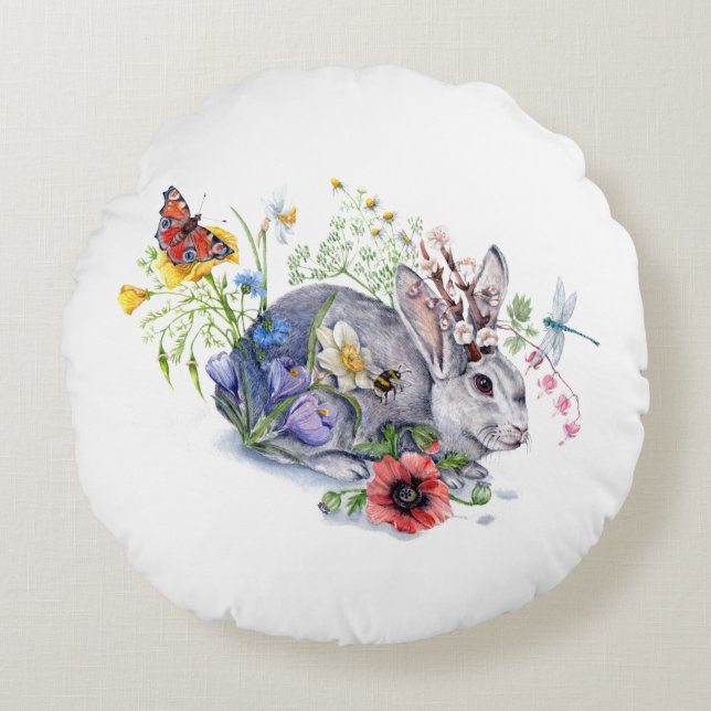 Spring Jackalope Rond Kussen (Voorkant)