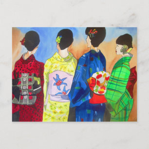 Spring Kimono Japanse Geisha waterverf kunst Briefkaart
